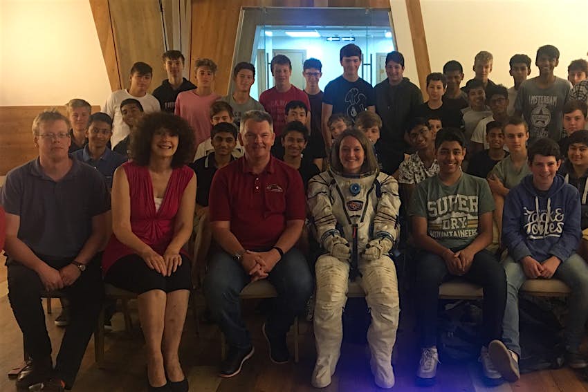 Kids Blog - Group_photo Group photo with cosmonaut Aleksandr Samokutyayev and Miss Drake wearing a space suit