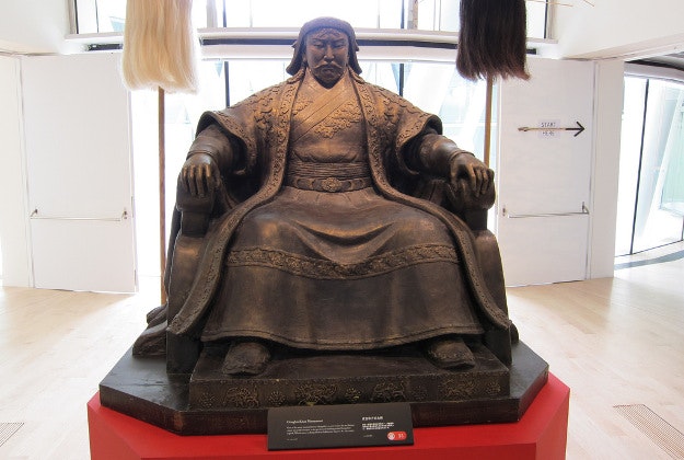 A bronze replica statue of Ghengis Khan.