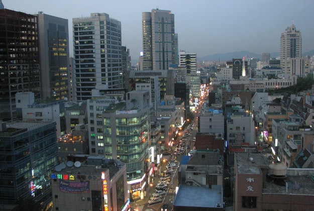 Sunset over the Gangnam district of Seoul, South Korea.