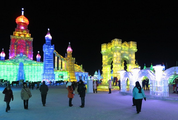 Illuminated ice sculptures at the Harbin International Ice and Snow Festival.