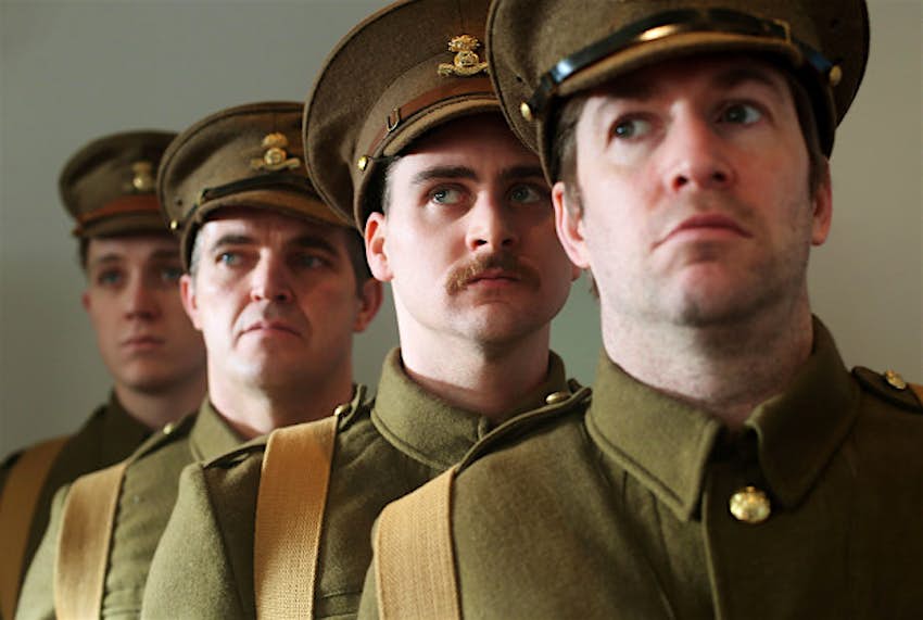 Travel News - IRISHATWAR1 Actors (from right) John Cronin, Liam Heslin, Thomas Reilly, and Kevin Olohan who as part of the exhibition performs in Pals - The Irish at Gallipoli at the launch of Recovered Voices - The Stories of the Irish at War 1914-1915, at the National Museum of Ireland at Collins Barracks.