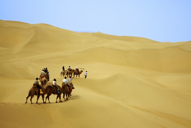 A group rides camels through the Inner Mongolian desert.