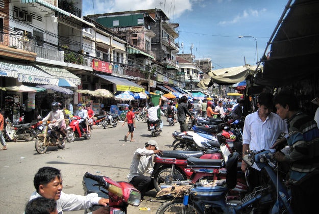 Motorbikes lining the streets of the Kandal province, Cambodia.