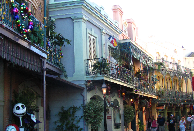 New Orleans square decorated for Mardi Gras.