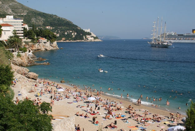 A busy beach in Dubrovnik, Croatia.