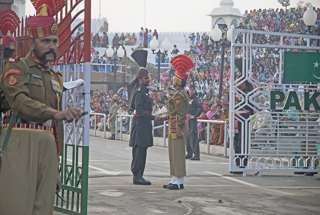 Ceremony being performed at the India-Pakistan border at Wagha.