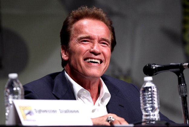 Arnold Schwarzenegger speaking at the San Diego Comic-Con.