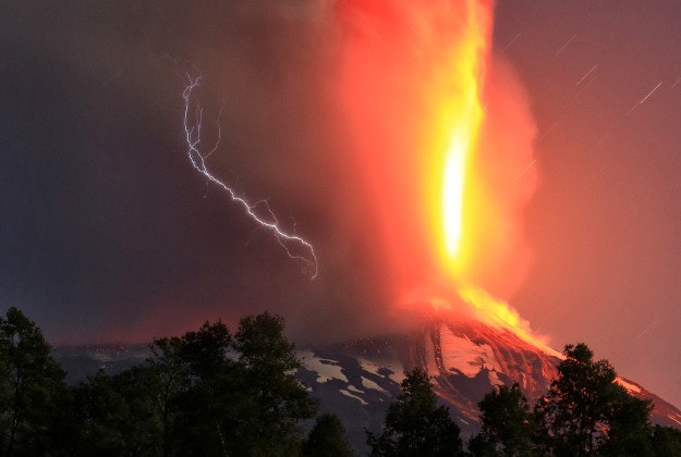 The Villarica volcano erupts near Pucon, Chile. Image by AP Photo/Aton Chile.