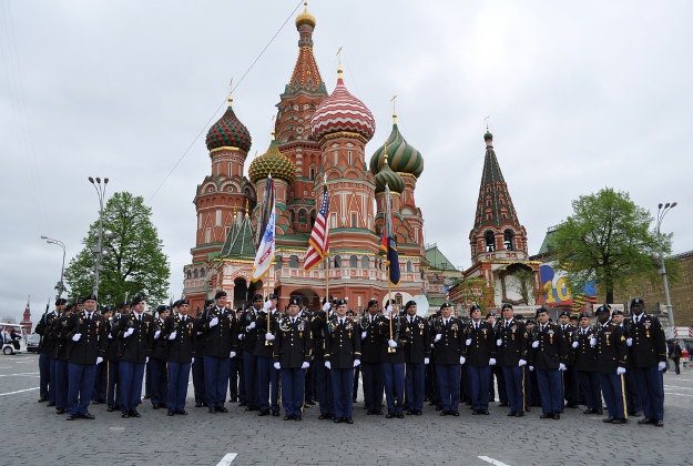 A US regiment poses for a photo on Victory Day in Moscow.