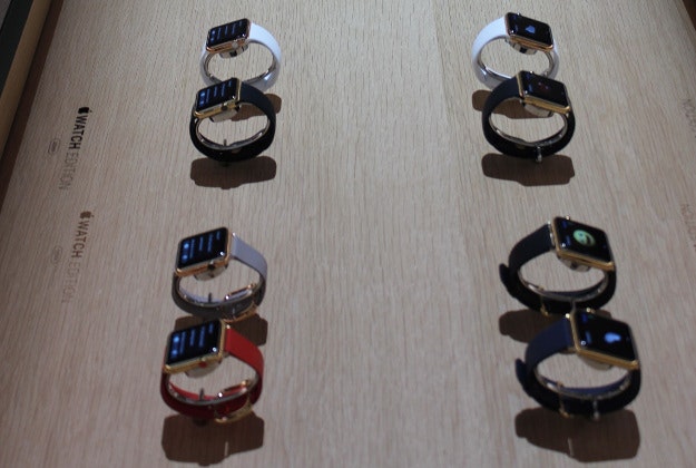 Different styles of the new Apple Watch Sport on display at an Apple event in Berlin, Germany. 