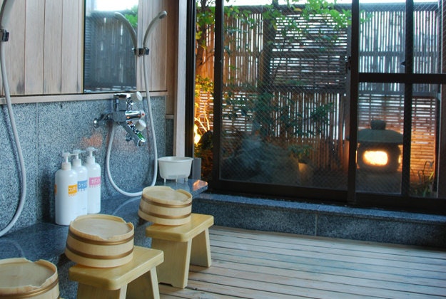 Showers in the Ryokan Shigetsu public bath, Tokyo.