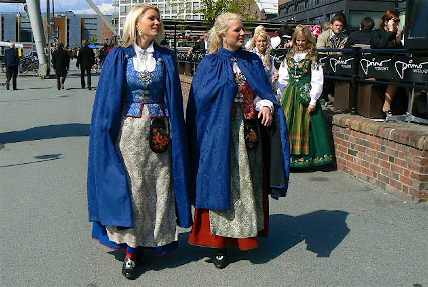 Travel News - Bunad Two women in traditional Norwegian Bunad dress.