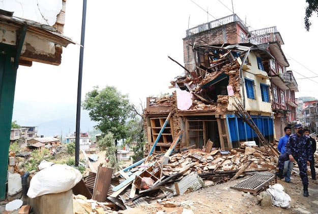 Collapsed buildings in Chautara, Nepal.