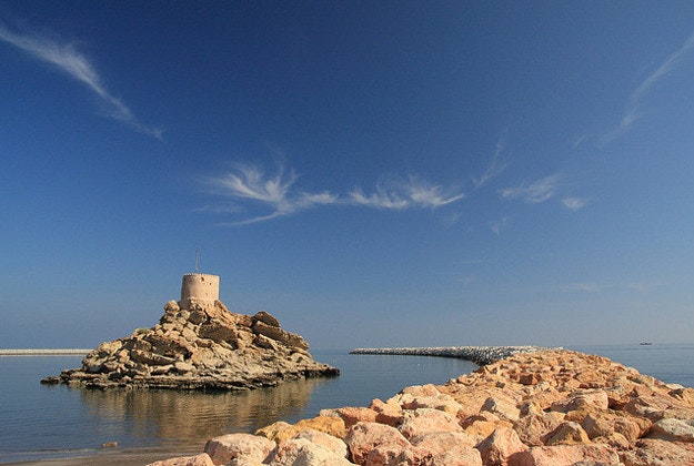 The coast of Oman along the Arabian Peninsula.