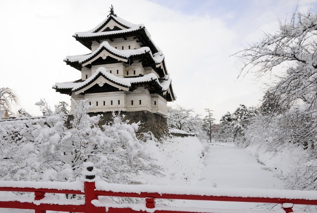 Snow over Hirosaki Castle.