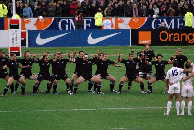 The All Blacks team in 2006 perform the haka. 