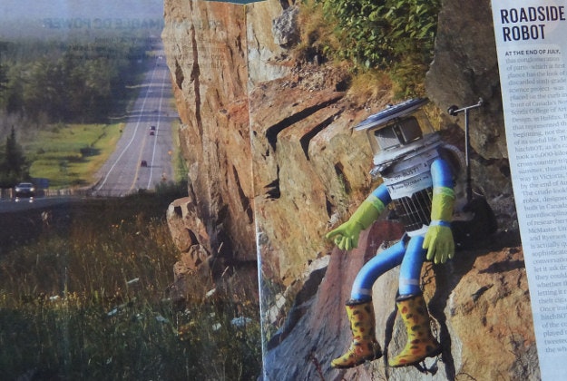 A magazine clipping featuring HitchBOT on its travels.