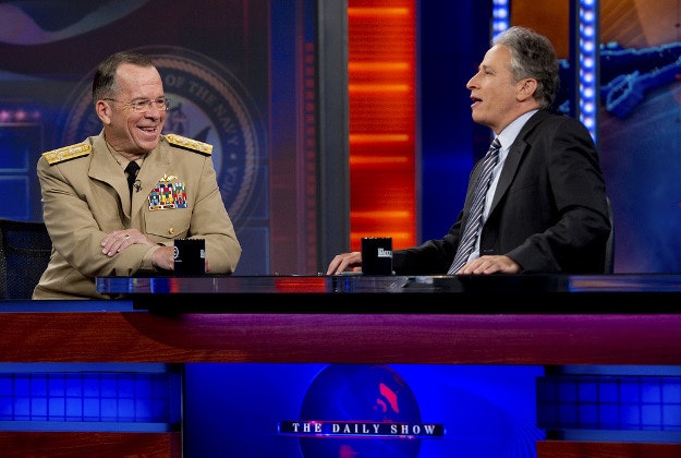 John Stewart interviewing Mike Mullen on The Daily Show.