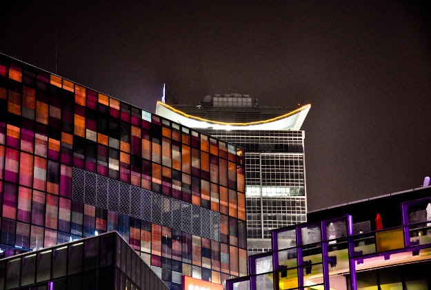 Skyscrapers in Sanlitun at night.