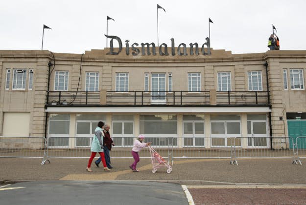 Dismaland - Bemusement Park, Banksy's biggest show to date, in Western-super-Mare, Somerset as Banksy may have branded his new Dismaland theme park the most disappointing tourist attraction in the UK but it has not stopped its website apparently crashing under sheer weight of people trying to buy tickets.