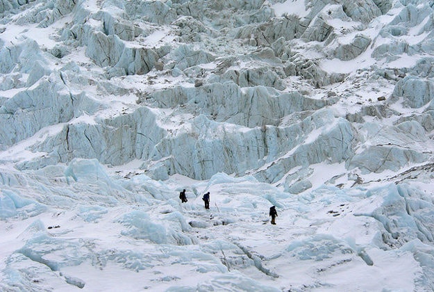 Hikers on the Khumbu Icefall.