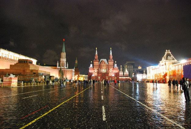 Moscow's Red Square lit up at night.