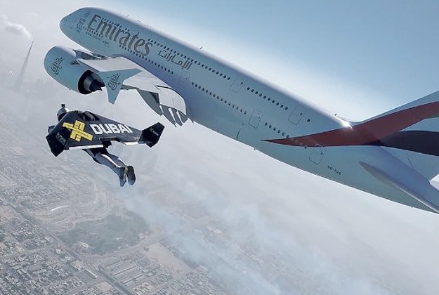 Terrifying spectacle of a Jetman flying beside the A380 Superjumbo above Dubai.
