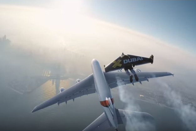 Two men with jet packs flew alongside an Emirates Airbus in Dubai. 