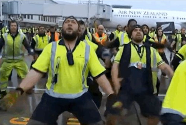 Airport staff in Auckland perform a haka for the returning All Blacks rugby team. 