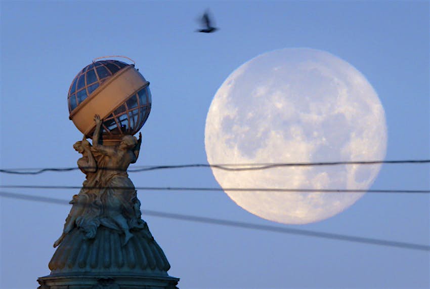 Travel News - photo5 A dove flies over a glass globe sculpture installed atop the tower of the Singer House on the Nevsky Avenue as the full moon sets in St. Petersburg, Russia on 28 October.