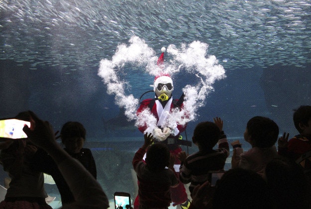 A diver dressed in a Santa Claus costume makes the heart-shape with bubbles at the Coex Aquarium in Seoul, South Korea, Wednesday, Dec. 9, 2015. 