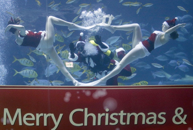 Divers dressed as Santa Claus perform as a part of events to celebrate the upcoming Christmas at the Aquaplanet in Goyang, South Korea, Tuesday, Dec. 15, 2015. 