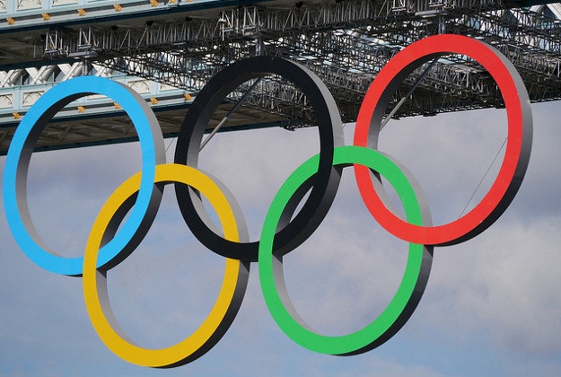 Olympic rings, Tower Bridge, London.