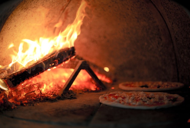 Wood-fired pizza oven.