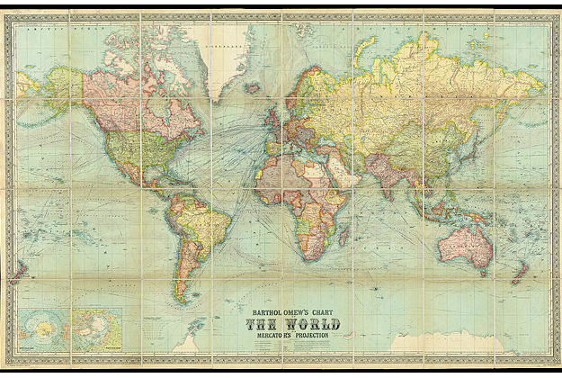 Travel News - Worldmap1914 Bartholomew's chart of the world on Mercator's projection.