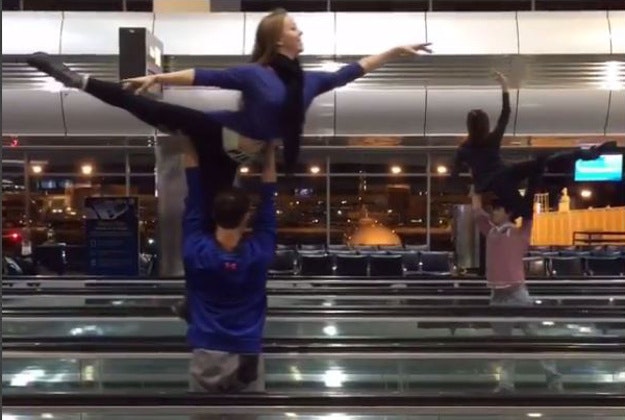 A group of ballet dancers staged a performance on moving sidewalks in a Denver airport during a layover. 