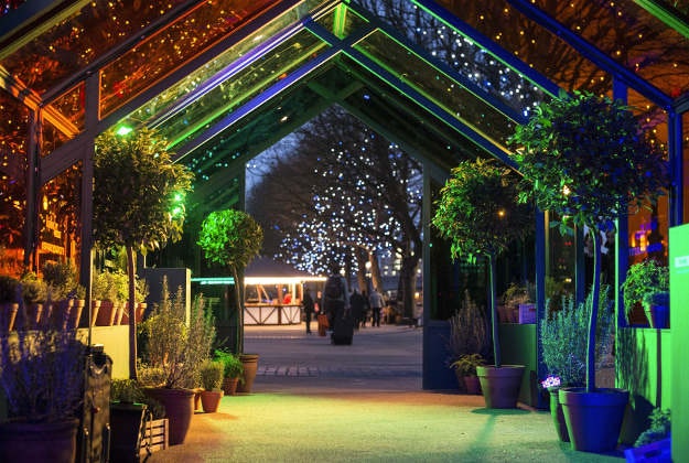 A multi-coloured greenhouse on Southbank in London created by Chef and entrepreneur Thomasina Miers to celebrate the global Spark Your City movement. 