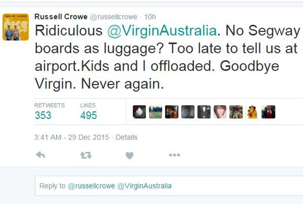 Russell Crowe posted on Twitter about being unable to bring hoverboards on a flight.