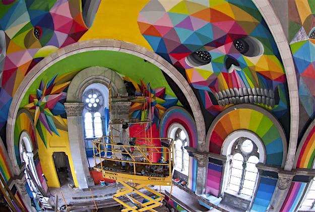 Travel News - skatepark Artist Okuda San Miguel’s work adorns a skate park in a former church in Spain.