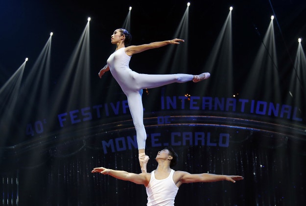 The Chinese Guangzhou Military Region Soldier Acrobatic Troupe performs during the opening of the 40th Monte-Carlo International Circus Festival in Monaco, Thursday, Jan. 14, 2016. 