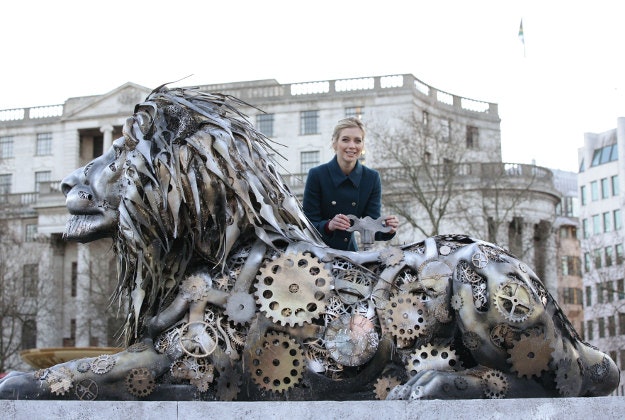 Rachel Riley at the unveiling of a fifth lion statue - sculpted from clock parts as a warning of possible extinction of the species within our lifetime - in Trafalgar Square, London. 