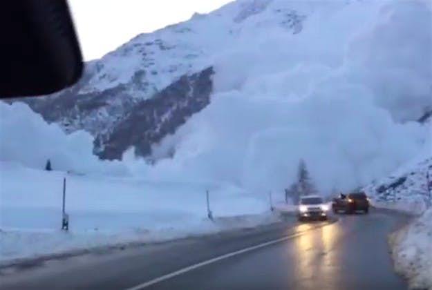 Travel News - Avalanche# A driver captures video footage of an avalanche in the Swiss Alps. Image by Screengrab via YouTube