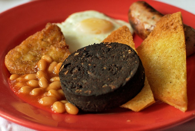 Black pudding on a breakfast plate.