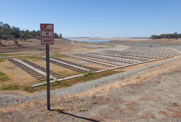 Drought conditions at Folsom Lake marina, California.