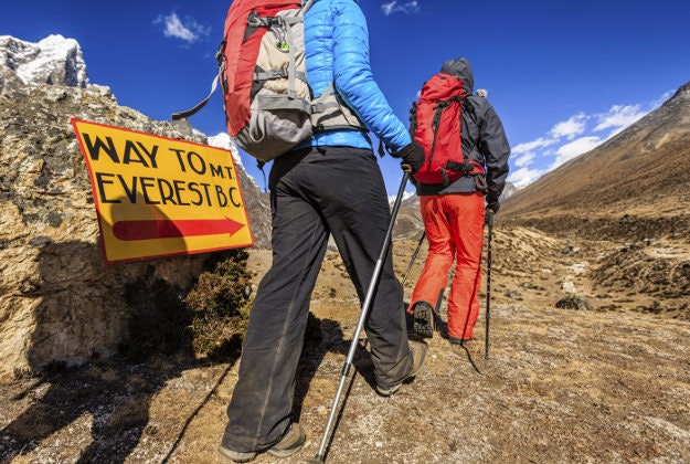 Group of trekkers passing signpost on way to Mount Everest Base Camp - Mount Everest (Sagarmatha) National Park. 