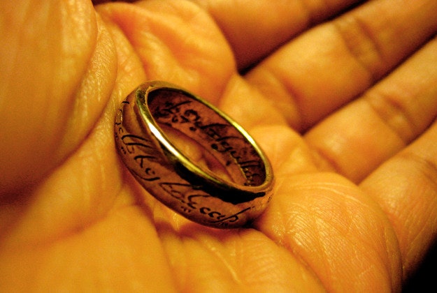 The 'one ring' from the Lord of the Rings embossed with elvish script.