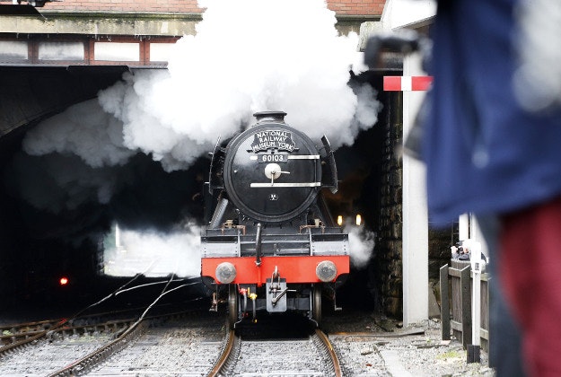 The Flying Scotsman locomotive under steam at the East Lancashire Railway tracks in public for the first time 