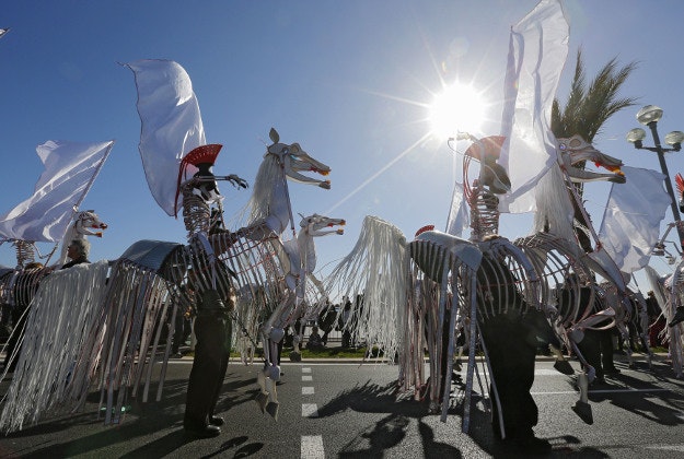 Participants take part in the 132nd Nice carnival parade, Sunday, Feb. 21, 2016, in Nice, southeastern France. This year, the Carnival celebrates the "King of Media". 