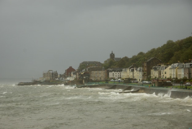 Stormy skies over Scotland's coast.