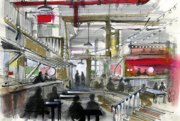 Caption: artist rendering of a portion of #bourdainmarket, art by @romanandwilliams #aleschart